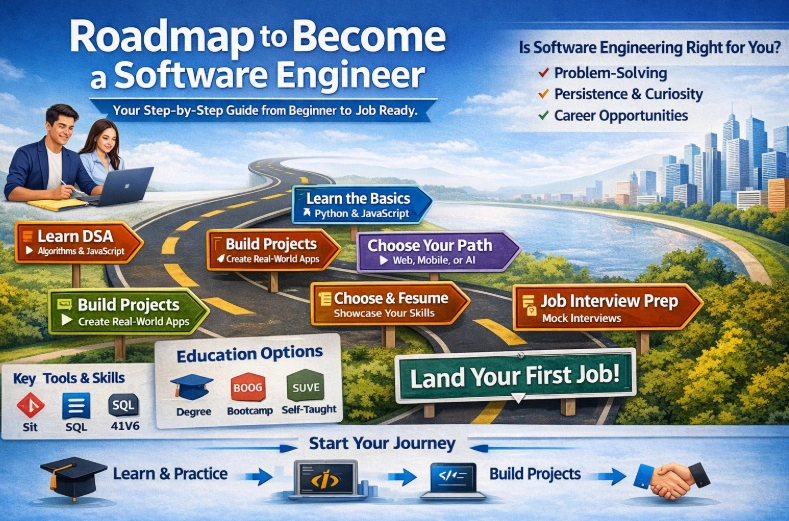 Step-by-step roadmap to become a software engineer, covering coding basics, projects, tools, and job interview preparation